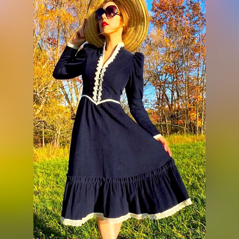Gunne Sax Boho Prairie Western Long Sleeve Jessica Vtg 70s Ivory Lace Blue Dress - Picture 1 of 7